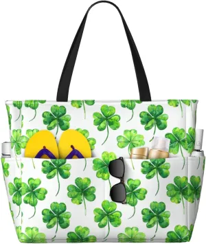Luck Four-Leaf Clover Print 28L Large Beach Tote Bag, 7 Pockets Waterproof Travel Shoulder Bag, Gym Oversized Tote