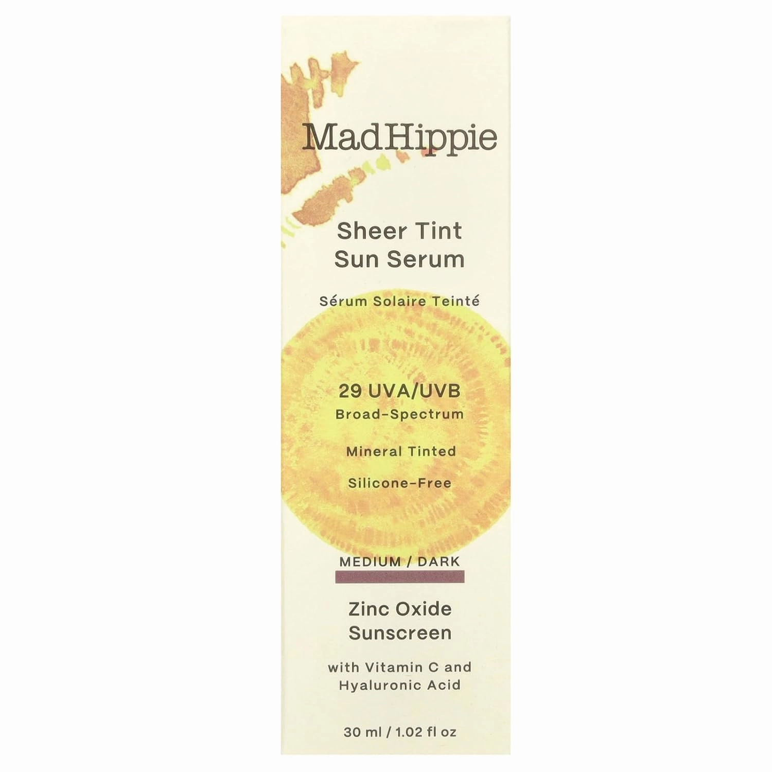 Mad Hippie Sheer Tint (Medium/Dark) SPF 29  Sun Serum, Vitamin C & Hyaluronic Acid, Zinc Oxide Sunscreen, Reef-Safe, 1.02 Oz