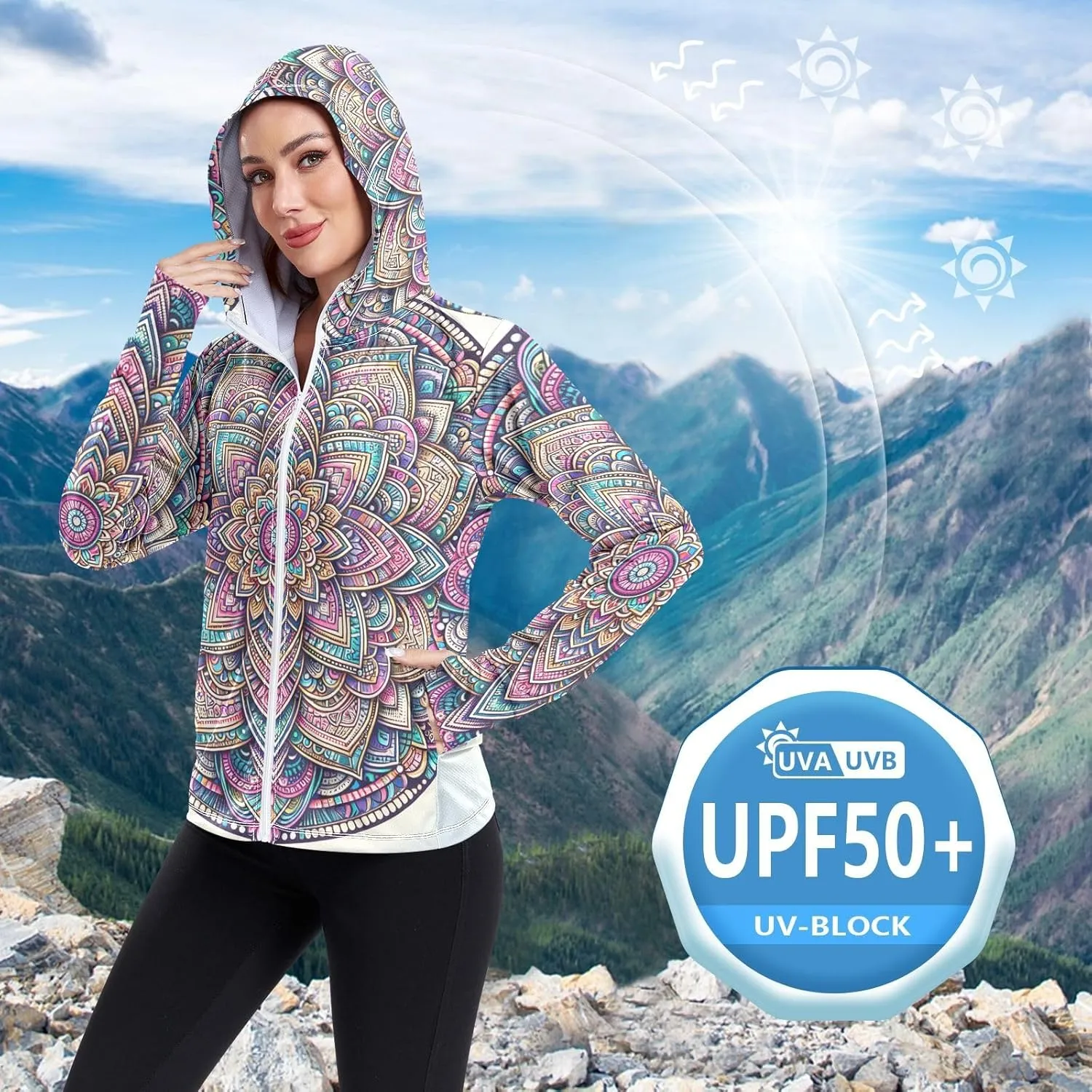 Mandala Sunscreen Clothing Women, UPF 50  Womens Uv Shirts Long Sleeve Lightweight, S-XXL