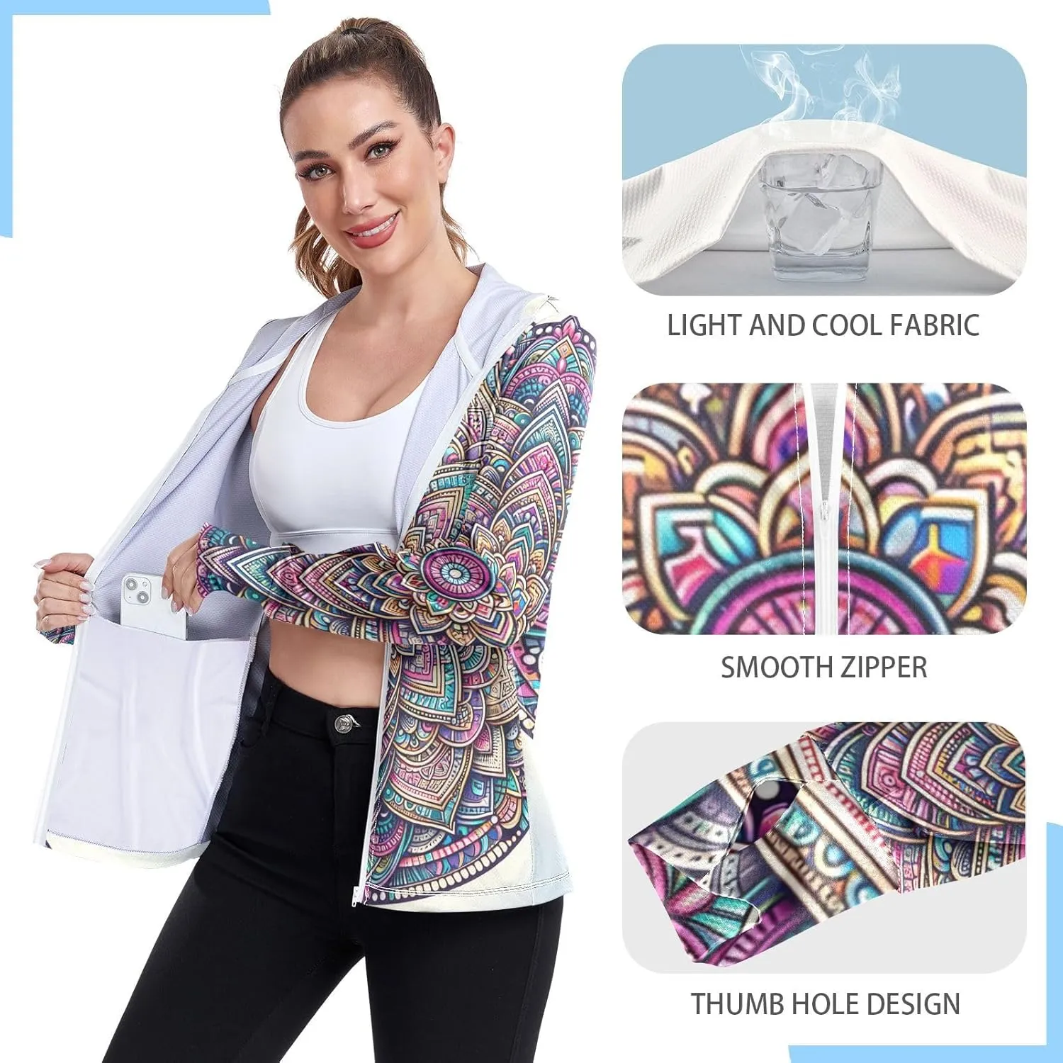 Mandala Sunscreen Clothing Women, UPF 50  Womens Uv Shirts Long Sleeve Lightweight, S-XXL