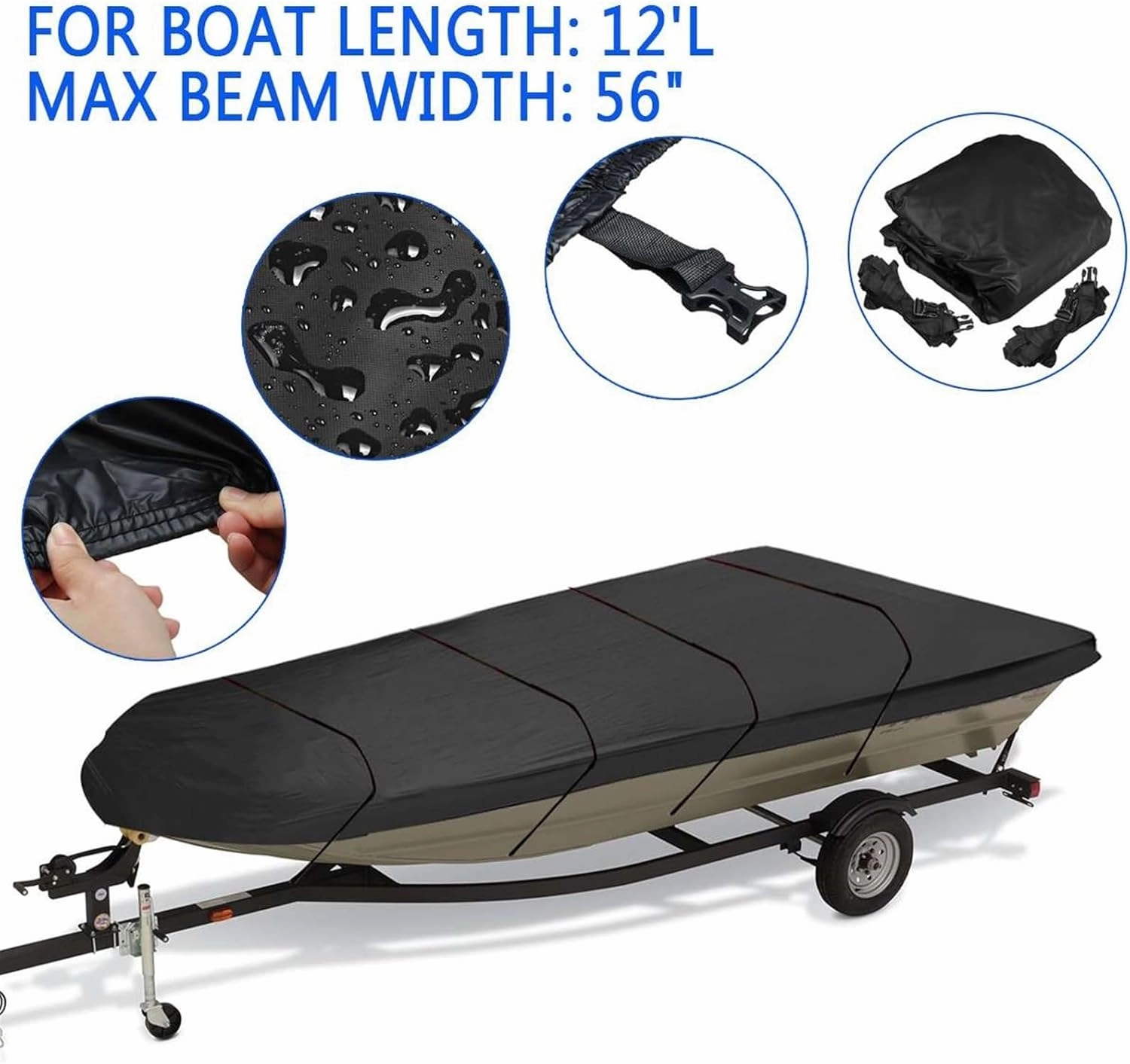 Marine Accessories 600D Waterproof Jon Boat Cover Heavy Duty Marine Boat Sunshade Dust-Proof Anti-UV Protection 12Ft/14Ft/16Ft/18Ft(12Ft)