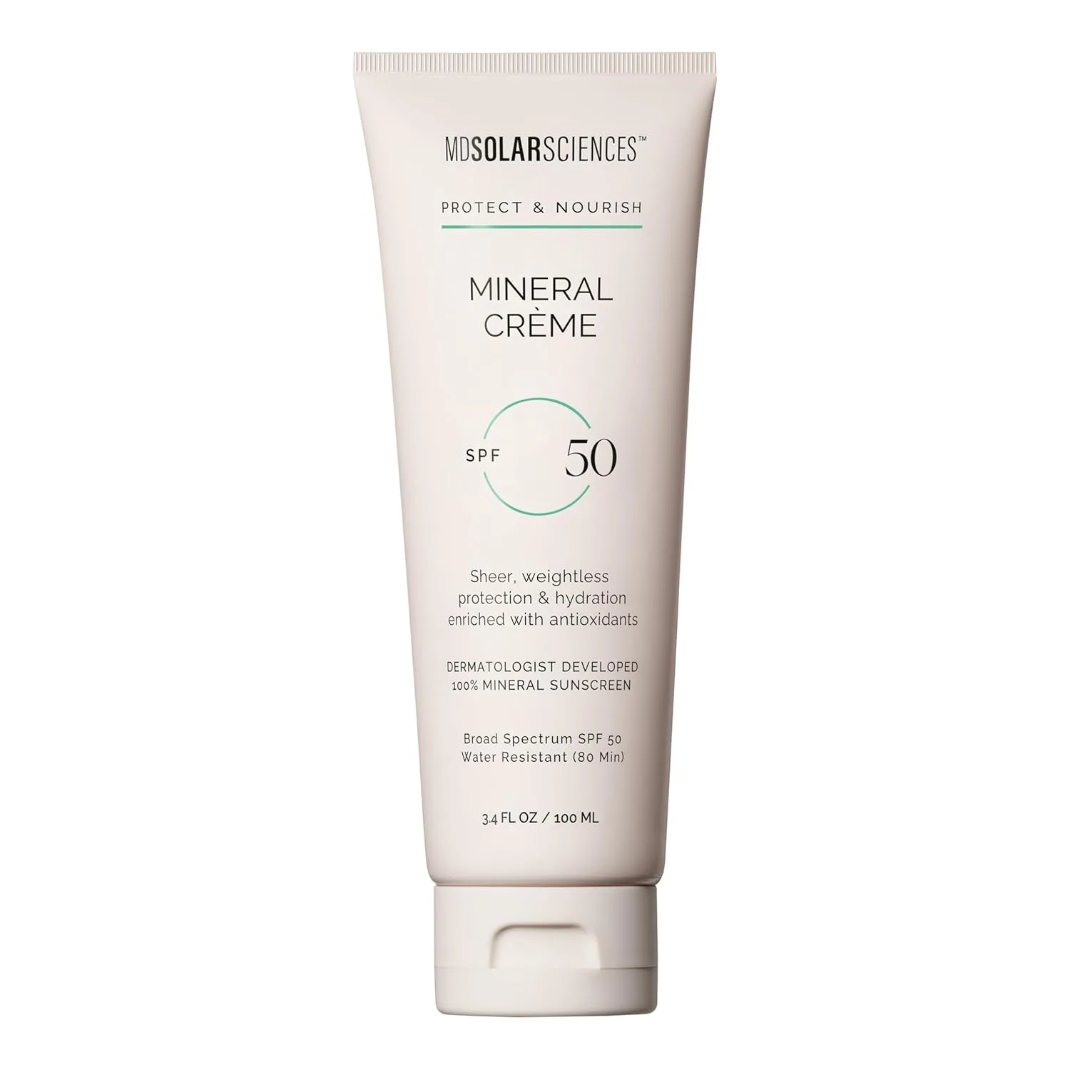 MDSolarSciences Mineral Crème Sunscreen SPF 50 | Water-Resistant, Broad Spectrum UV Protection | Zinc Oxide Formula with Antioxidants | No White Cast, Sheer Matte Finish for All Skin Types (3.4 Fl Oz)