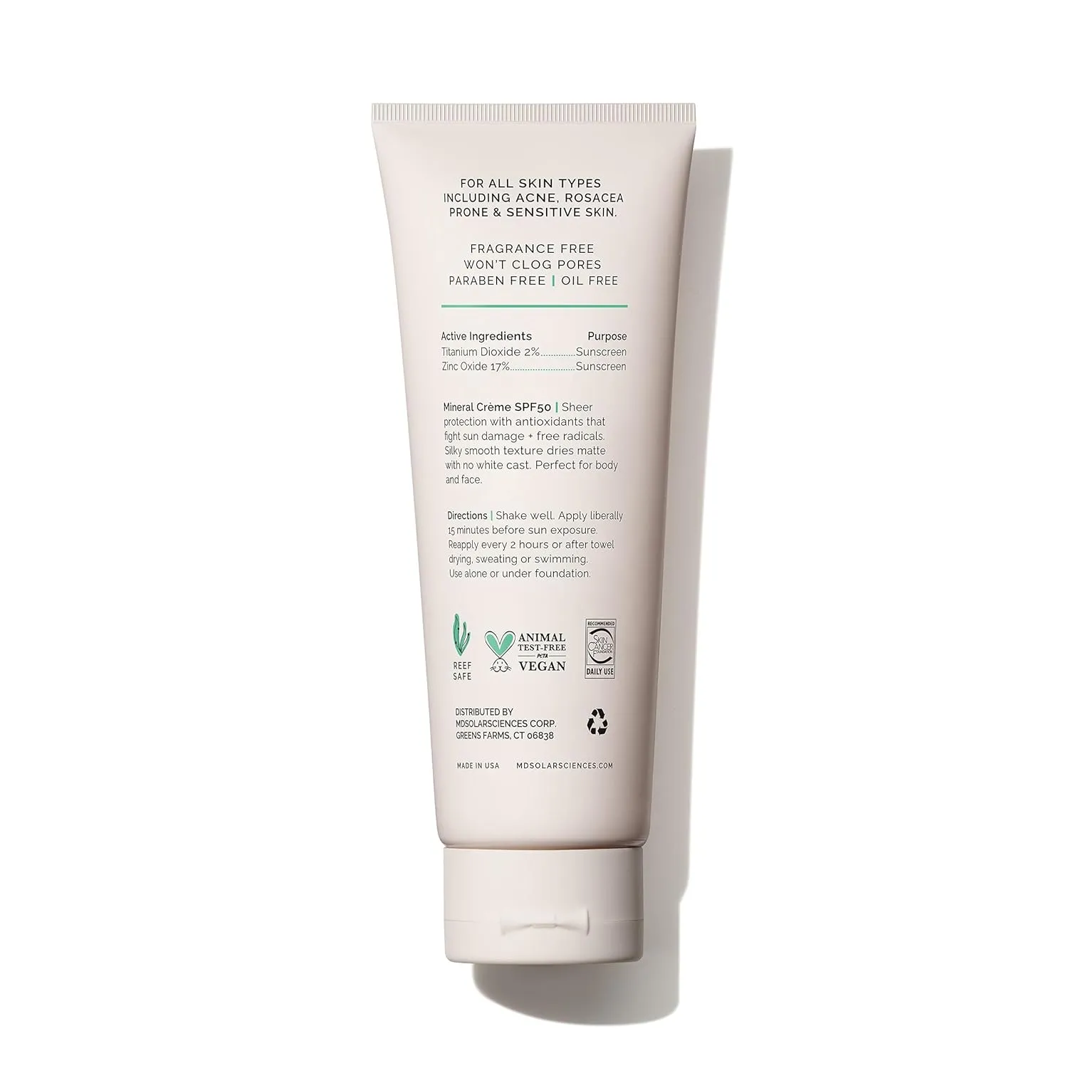 MDSolarSciences Mineral Crème Sunscreen SPF 50 | Water-Resistant, Broad Spectrum UV Protection | Zinc Oxide Formula with Antioxidants | No White Cast, Sheer Matte Finish for All Skin Types (3.4 Fl Oz)