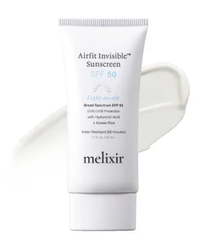 Melixir Airfit Invisible™ Sunscreen SPF 50, Broad Spectrum Korean Rice Sunscreen for Face, Hyaluronic Acid, Moisturizing Daily Protection for Sensitive Skin, No White Cast, Waterproof (1.7fl.oz./50ml)