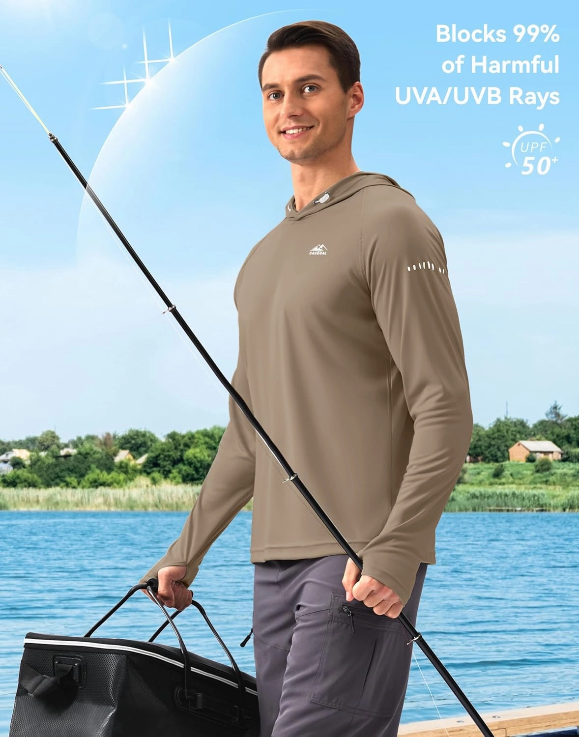 Men's Sun Protection Hoodie Shirt UPF 50  Long Sleeve Fishing Rash Guard UV SPF Summer Lightweight Hiking Shirt for Men