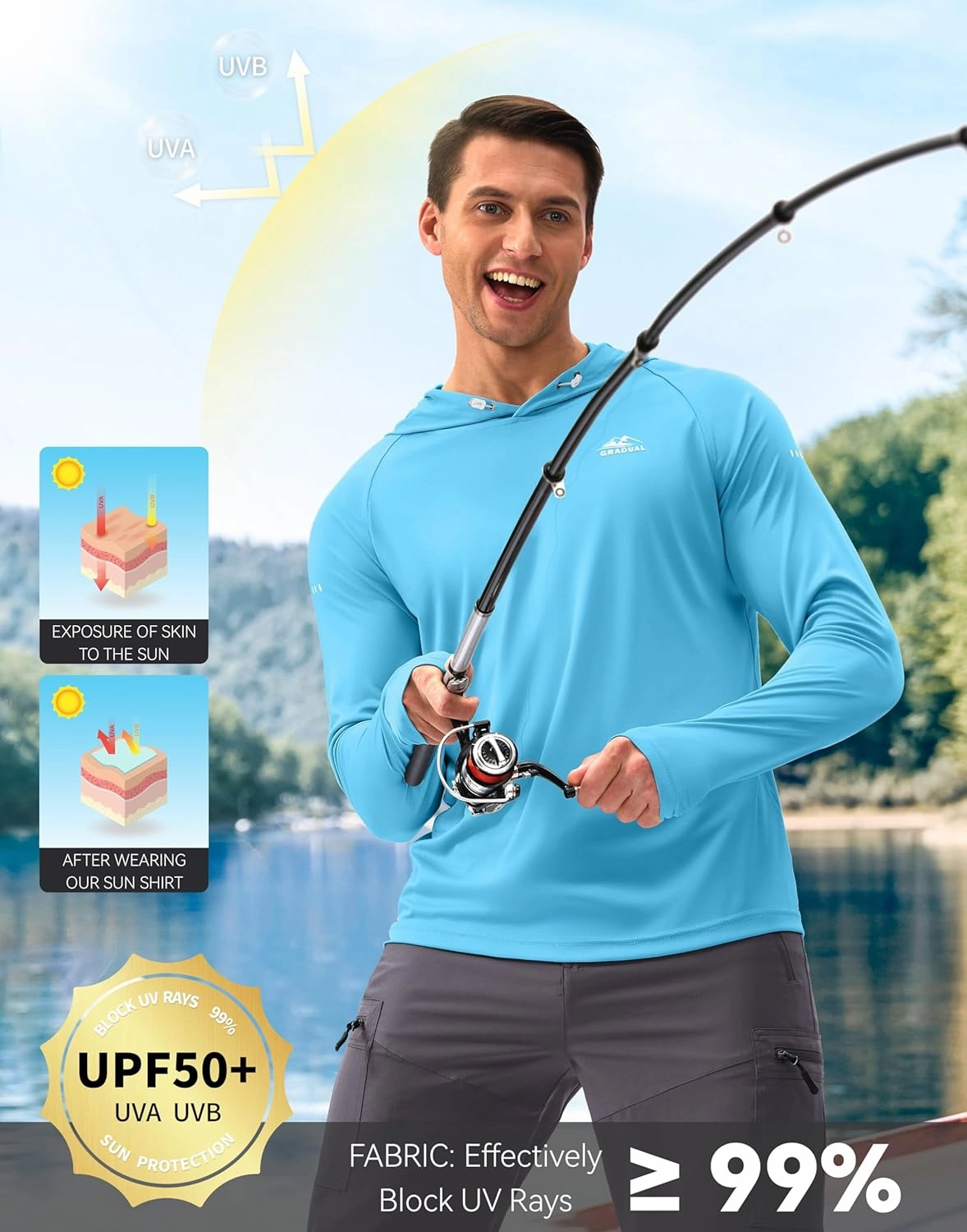 Men's Sun Protection Hoodie Shirt UPF 50  Long Sleeve Fishing Rash Guard UV SPF Summer Lightweight Hiking Shirt for Men