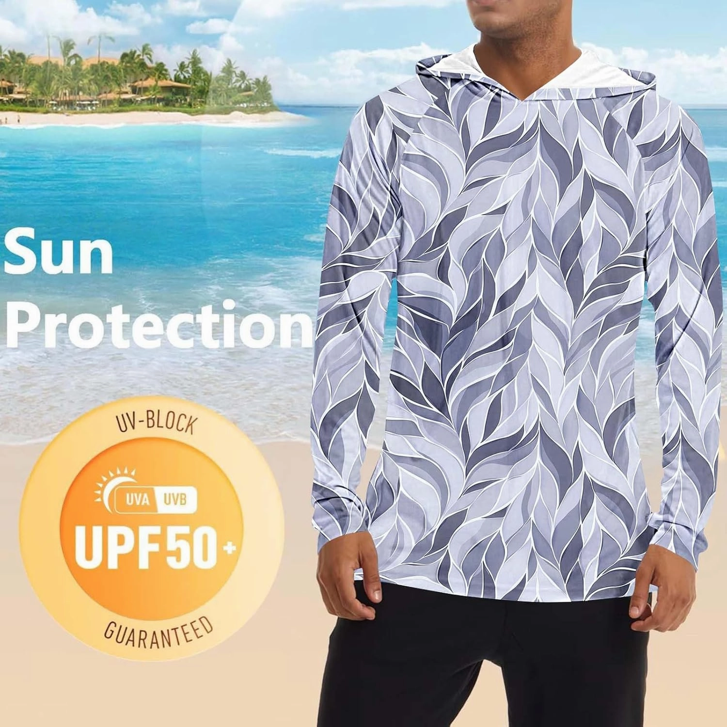 Men's UPF 50  Sun Protection Hoodies UV SPF Long Sleeve Sun Shirts Rash Guard Swim Workout Running Fishing Beach Tops