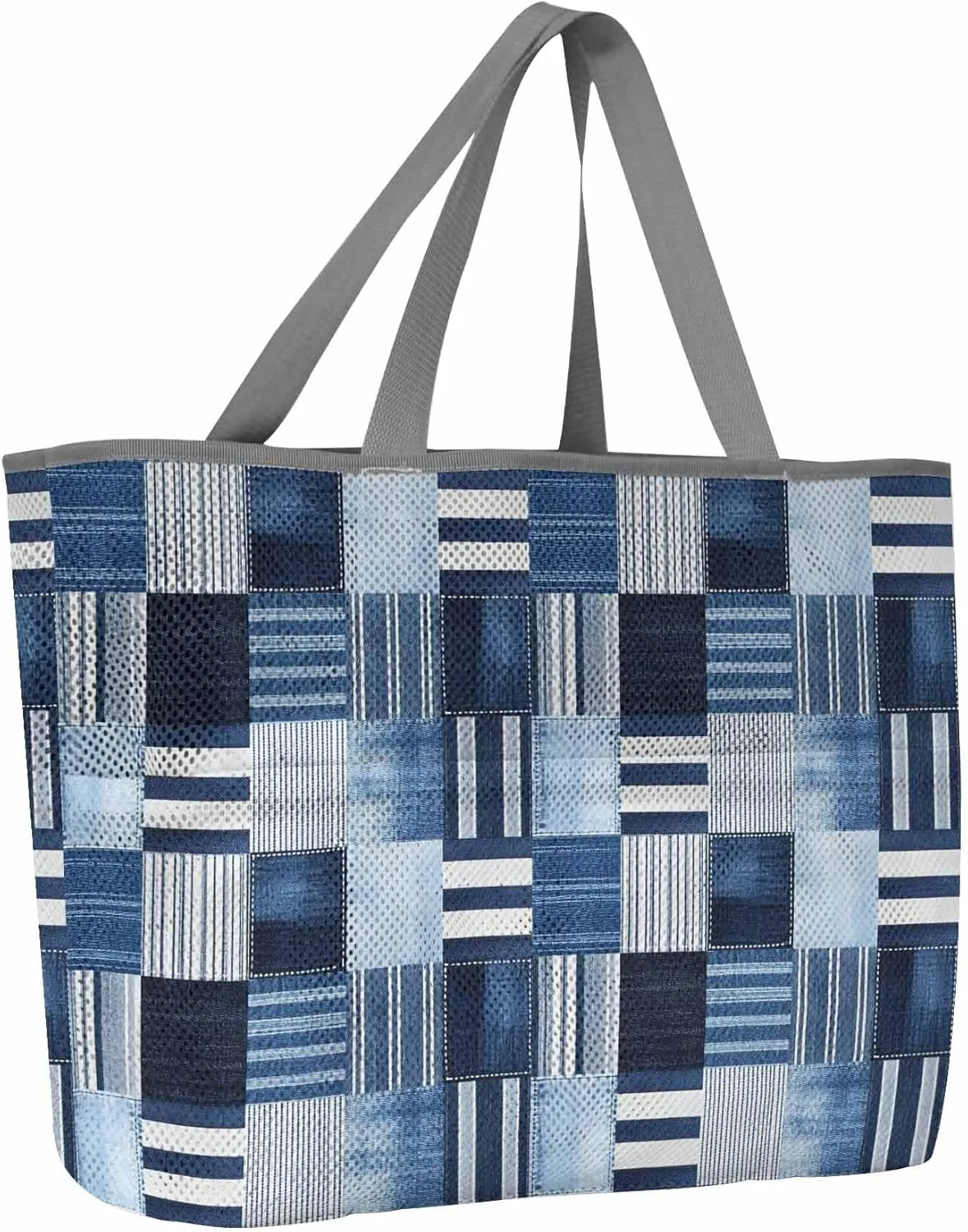 Mesh Beach Bag Oversized Tote Bags for Women Blue Stripe Plaid Gingham Check Large Travel Pool Bags with 8 Pockets