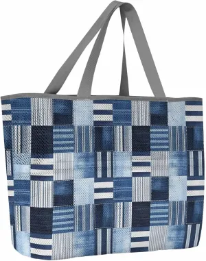 Mesh Beach Bag Oversized Tote Bags for Women Blue Stripe Plaid Gingham Check Large Travel Pool Bags with 8 Pockets