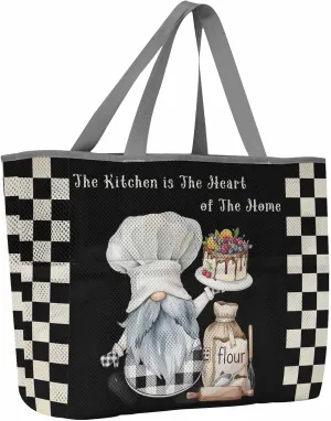 Mesh Beach Bag Oversized Tote Bags for Women Chef Gnome Cake Black Buffalo Check Large Travel Pool Bags with 8 Pockets