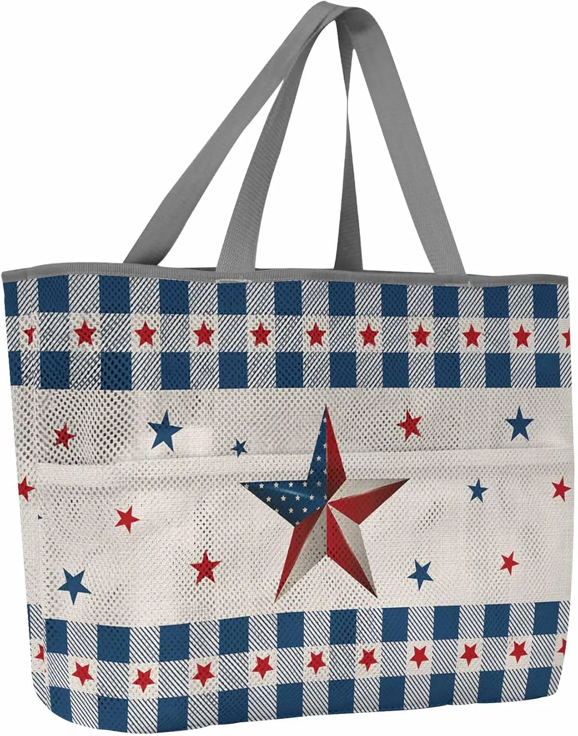 Mesh Beach Bag Oversized Tote Bags for Women USA Flag Star Independence Day Blue Check Large Travel Pool Bags with 8 Pockets