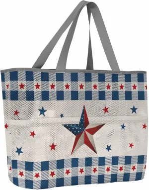 Mesh Beach Bag Oversized Tote Bags for Women USA Flag Star Independence Day Blue Check Large Travel Pool Bags with 8 Pockets
