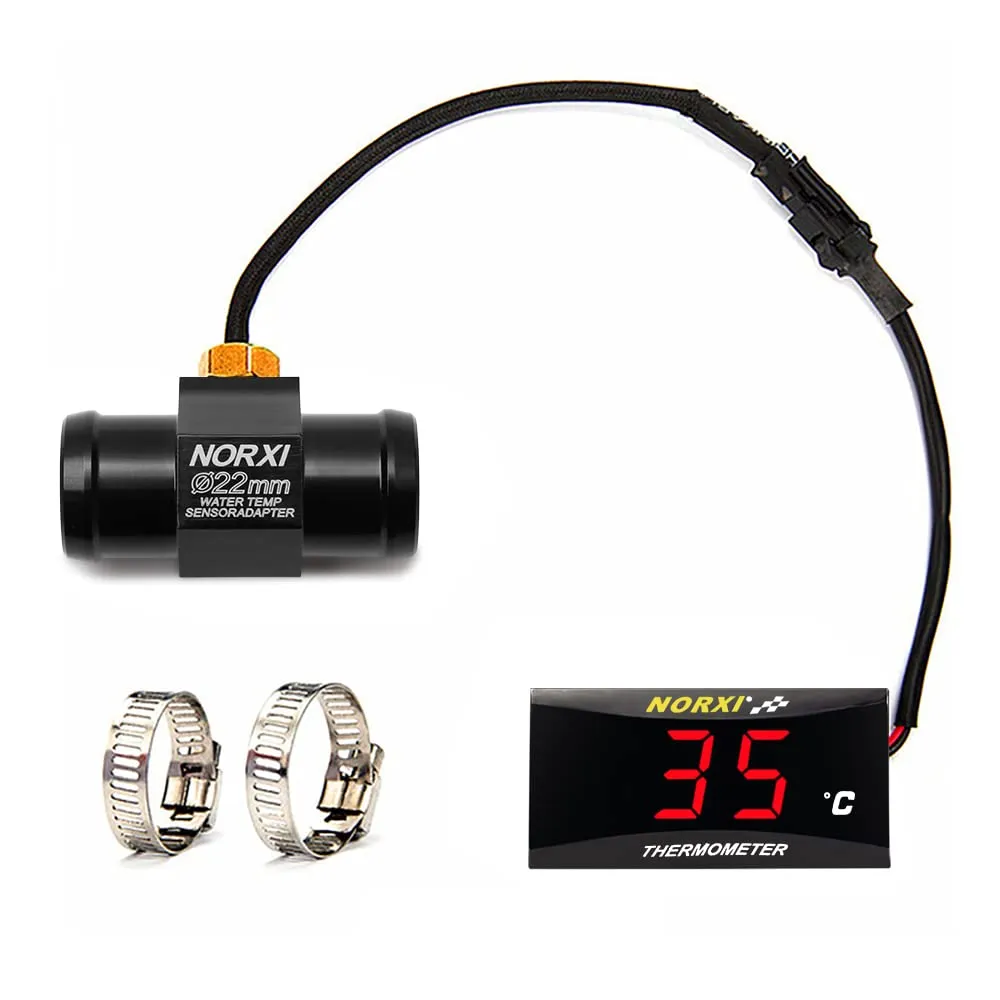 Motorcycle Water Temperature Meter Universal Digital Water Thermometer Water Temp Gauge for Racing Scooter LED Display DC 12V with Temperature Sensor Adapter(22mm, Red)