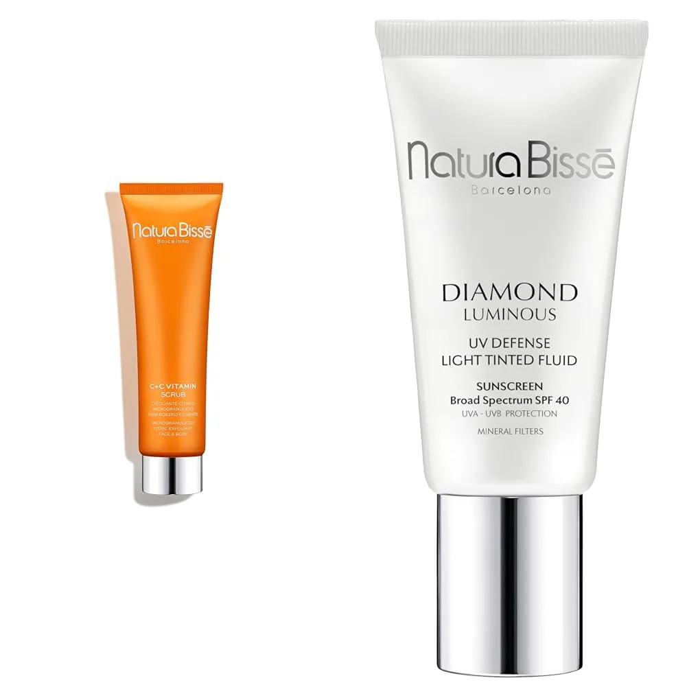 Natura Bissé C C Vitamin Scrub & Diamond Luminous Tinted SPF 40 Sunscreen Bundle, Exfoliating Scrub & Sun Protection for Bright, Radiant Skin, 3.5 oz/1 oz