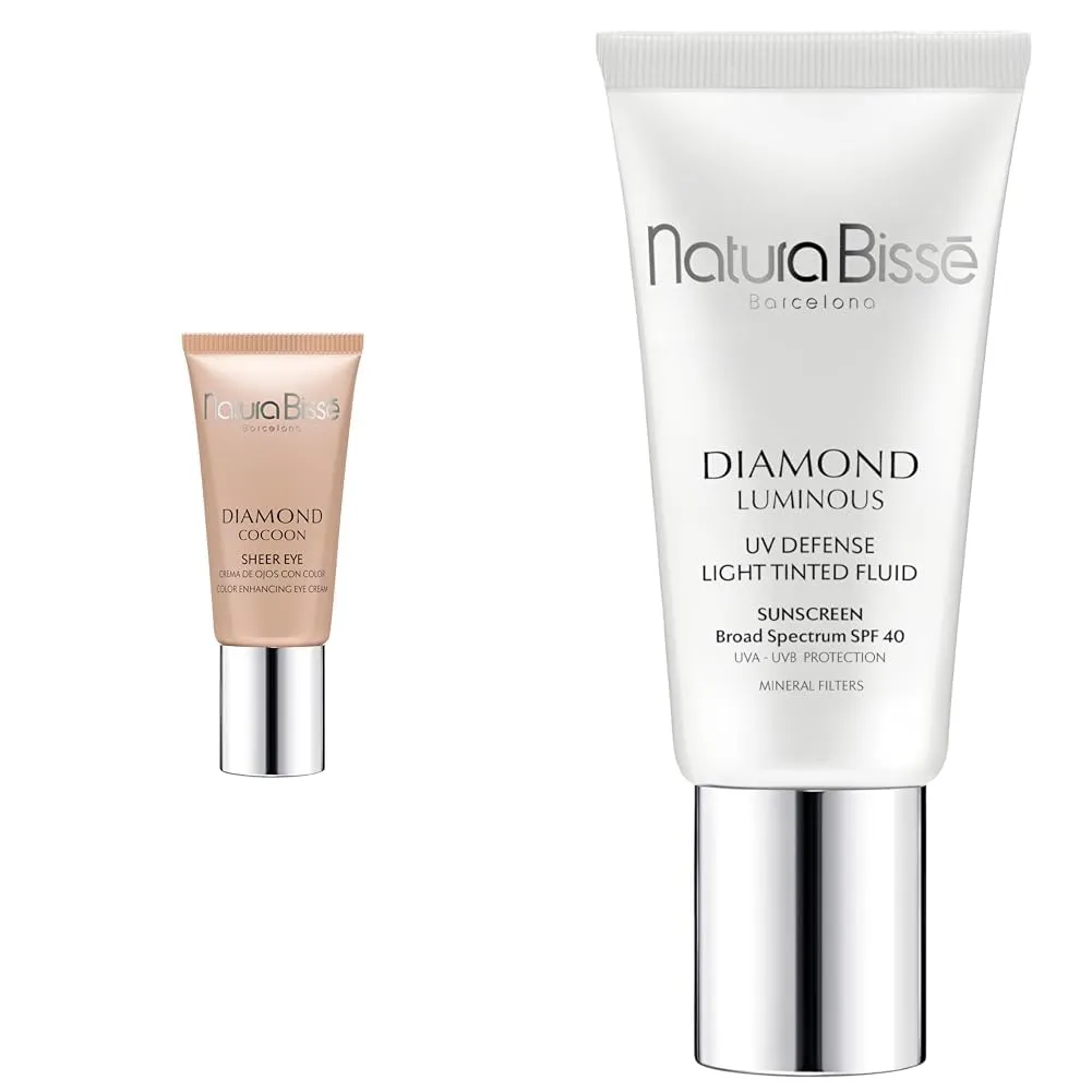Natura Bissé Diamond Cocoon Sheer Eye 0.3 oz & Diamond Luminous Tinted SPF 40 Sunscreen Bundle, Brightening Eye Care & Sun Protection for Fresh, Radiant Skin, 0.3 oz/1 oz