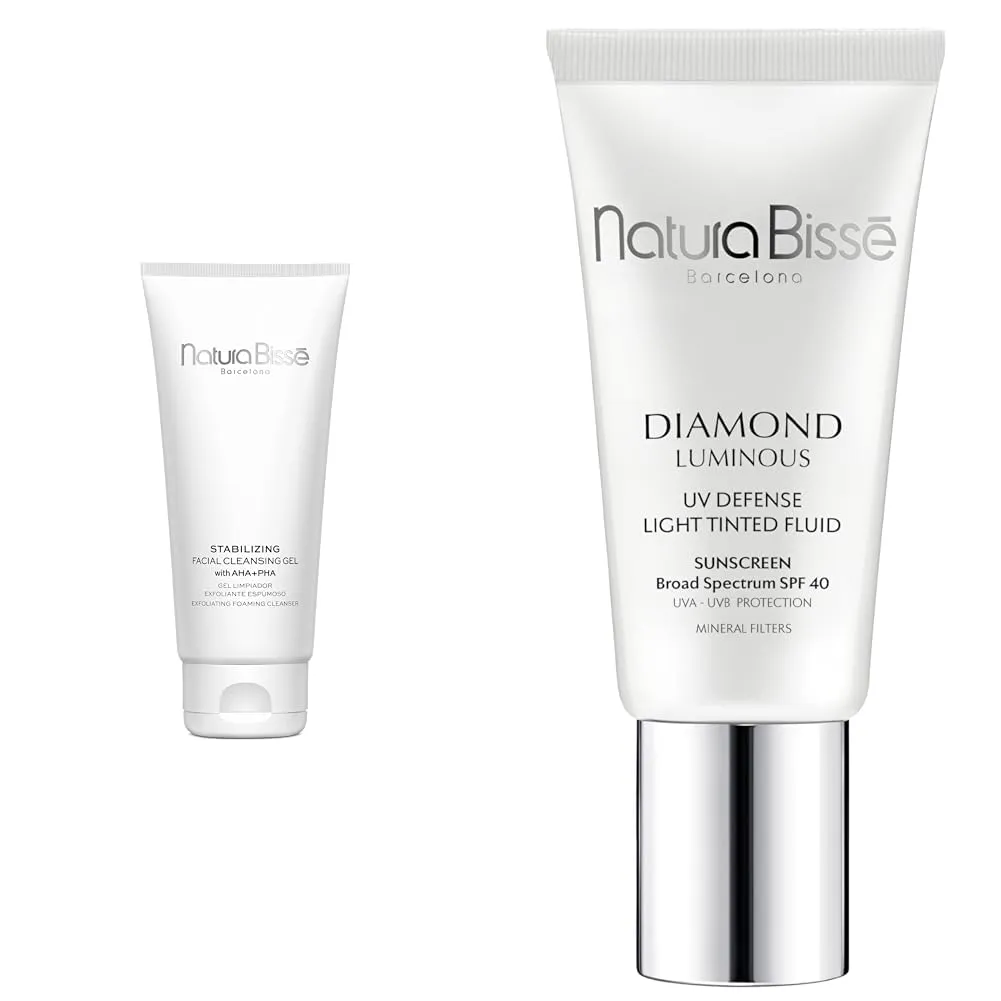 Natura Bissé Facial Cleansing Gel with AHA   PHA & Diamond Luminous Tinted SPF 40 Sunscreen Bundle, Exfoliating Cleanser & Sun Protection for Smooth, Radiant Skin, 7 oz/1 oz