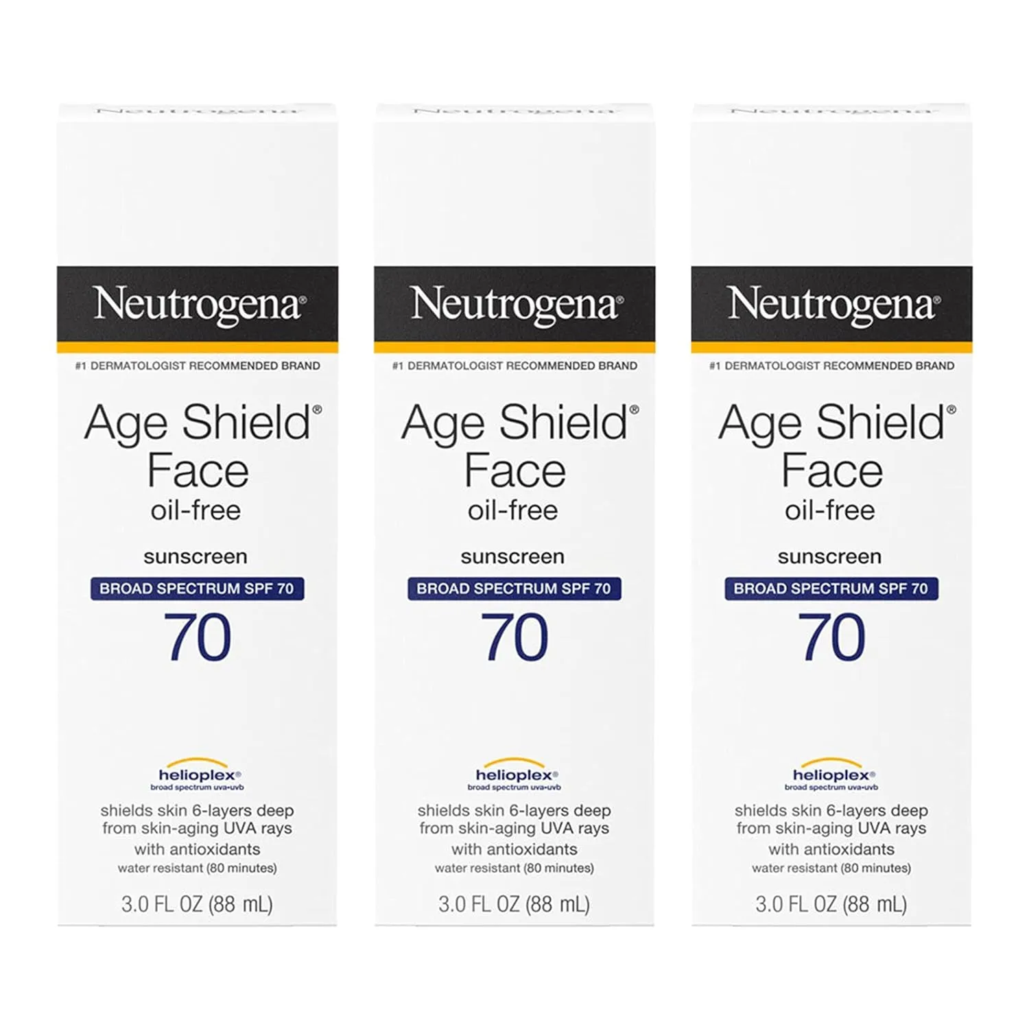 Neutrogena Age Shield Face Oil-Free Sunscreen Lotion with Broad Spectrum SPF 70, Non-Comedogenic Moisturizing Sunscreen to Help Prevent Signs of Aging, PABA-Free, 3 fl. oz (Pack of 3)