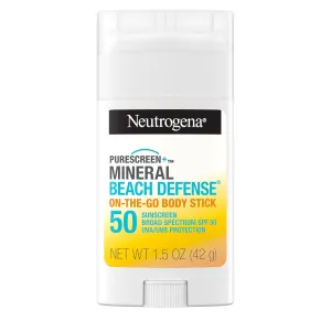 Neutrogena Purescreen  Mineral Beach Defense On-The-Go Body Sunscreen Stick with Broad Spectrum SPF 50, Water Resistant UVA/UVB Protection, Absorbs Quickly & Dries Clear, 1.5 oz