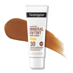 Neutrogena Purescreen  Tinted Sunscreen for Face with SPF 30, Broad Spectrum Mineral Sunscreen with Zinc Oxide and Vitamin E, Water Resistant, Fragrance Free, Deep, 1.1 fl oz