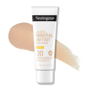 Neutrogena Purescreen  Tinted Sunscreen for Face with SPF 30, Broad Spectrum Mineral Sunscreen with Zinc Oxide and Vitamin E, Water Resistant, Fragrance Free, Light, 1.1 fl oz