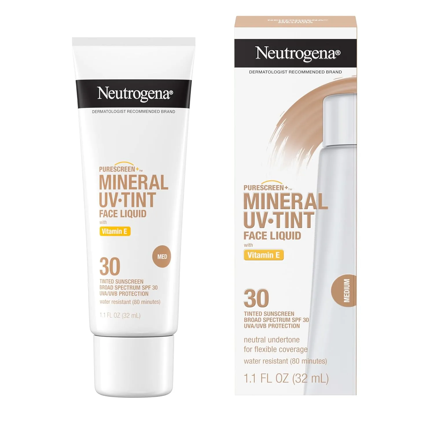 Neutrogena Purescreen  Tinted Sunscreen for Face with SPF 30, Broad Spectrum Mineral Sunscreen with Zinc Oxide and Vitamin E, Water Resistant, Fragrance Free, Medium, 1.1 fl oz