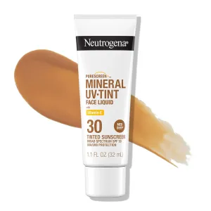 Neutrogena Purescreen  Tinted Sunscreen for Face with SPF 30, Broad Spectrum Mineral Sunscreen with Zinc Oxide and Vitamin E, Water Resistant, Fragrance Free, Medium Deep, 1.1 fl oz