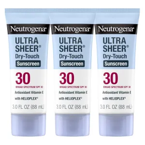 Neutrogena Ultra Sheer Dry-Touch Sunscreen For Face & Body, SPF 30 Broad Spectrum UVA/UVB Protection, Lightweight Water Resistant & Non-Greasy, Travel Size Sunscreen, 3 fl. oz, Pack of 3