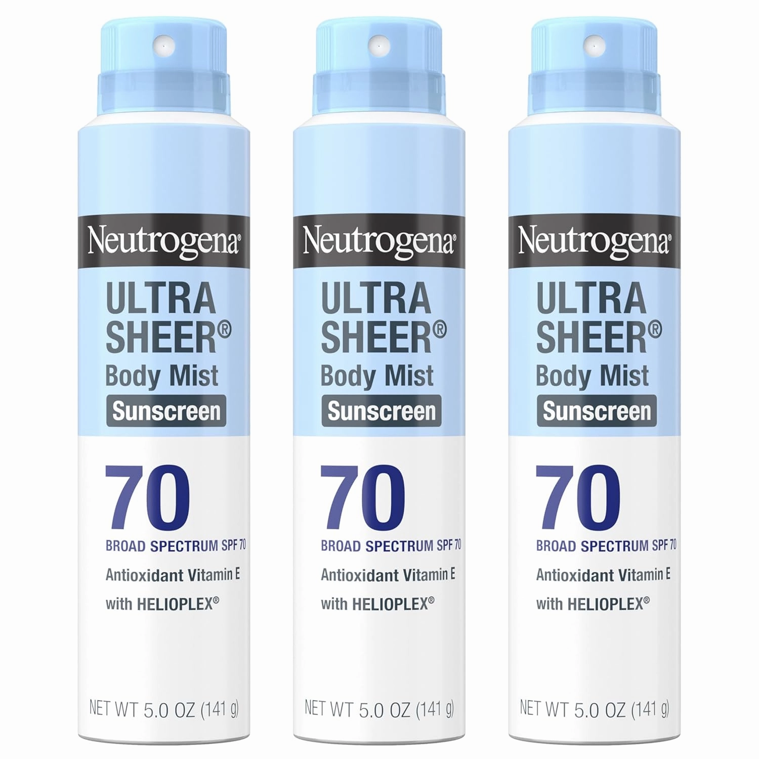 Neutrogena Ultra Sheer Body Mist Sunscreen Spray, Broad Spectrum SPF 70, Lightweight Spray Sunscreen, Non-Greasy & Water Resistant, Oil-Free & Non-Comedogenic UVA/UVB, 5 oz, Pack of 3