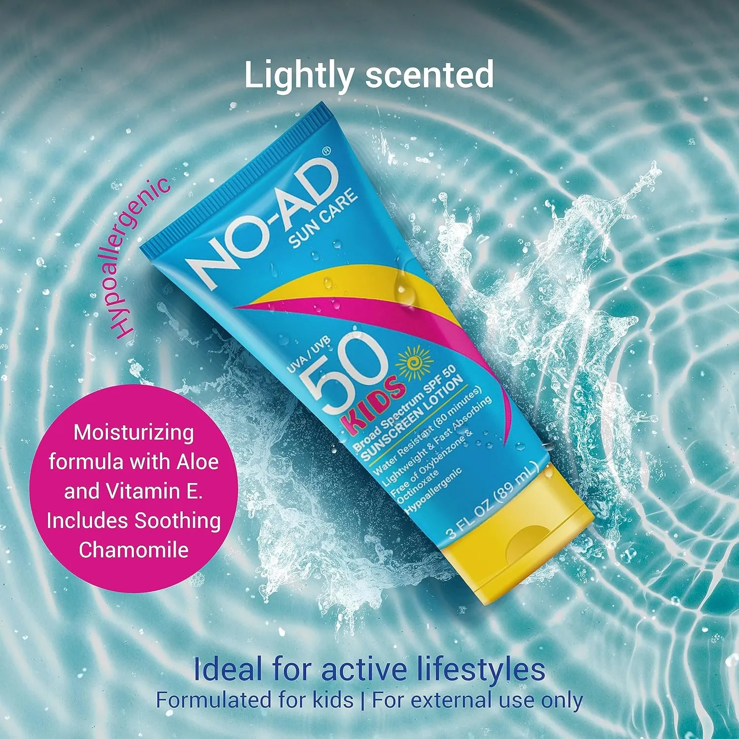 NO-AD KIDS SPF 50 Sunscreen Lotion | Non-Greasy and Waterproof Sunscreen | Suitable for All Skin Types | Broad Spectrum Protection for Active Lifestyles | 3 oz | Pack of 3