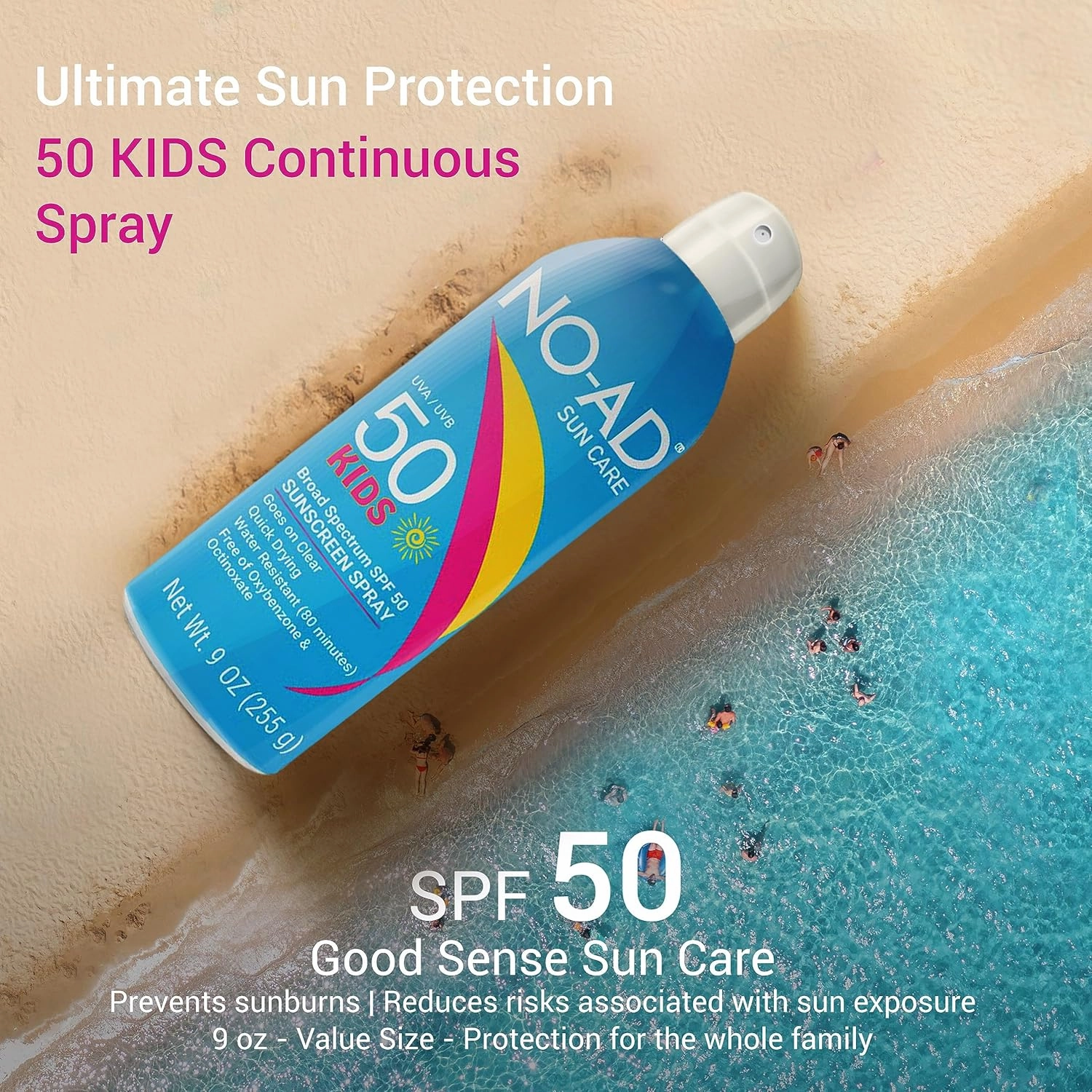 NO-AD KIDS SPF 50 Sunscreen Spray | Non-Greasy, Waterproof and Non-Toxic | Kids Sunscreen | Suitable for All Skin Types | Broad Spectrum Protection | 9 oz