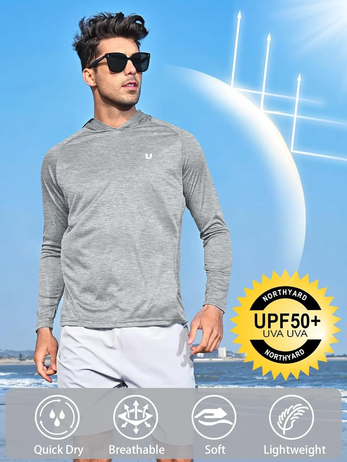 NORTHYARD Men's UPF 50  Hoodie Shirts Long Sleeve Sun Protection Fishing Swim Lightweight UV SPF Running Rash Guard Quick Dry