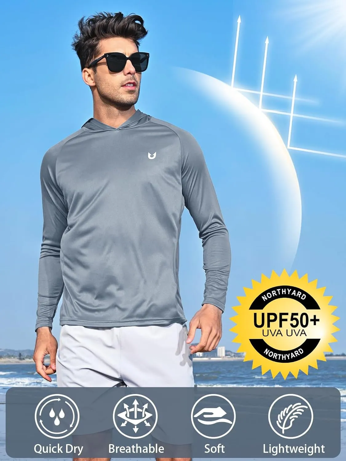 NORTHYARD Men's UPF 50  Hoodie Shirts Long Sleeve Sun Protection Fishing Swim Lightweight UV SPF Running Rash Guard Quick Dry