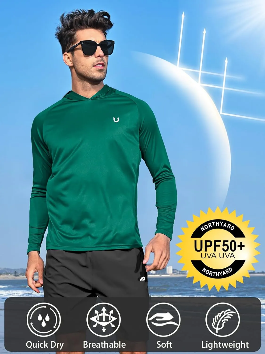 NORTHYARD Men's UPF 50  Hoodie Shirts Long Sleeve Sun Protection Fishing Swim Lightweight UV SPF Running Rash Guard Quick Dry
