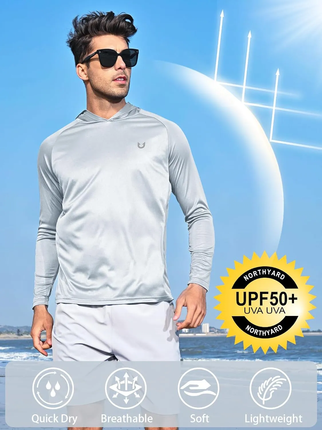 NORTHYARD Men's UPF 50  Hoodie Shirts Long Sleeve Sun Protection Fishing Swim Lightweight UV SPF Running Rash Guard Quick Dry