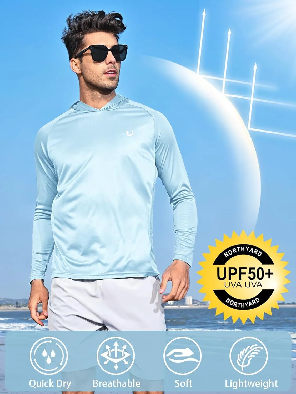NORTHYARD Men's UPF 50  Hoodie Shirts Long Sleeve Sun Protection Fishing Swim Lightweight UV SPF Running Rash Guard Quick Dry