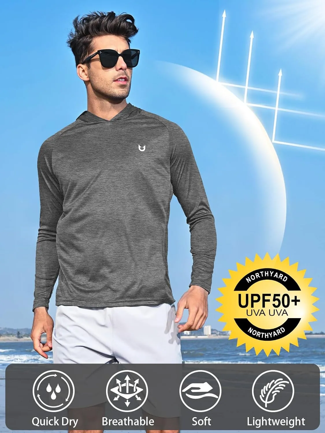 NORTHYARD Men's UPF 50  Hoodie Shirts Long Sleeve Sun Protection Fishing Swim Lightweight UV SPF Running Rash Guard Quick Dry