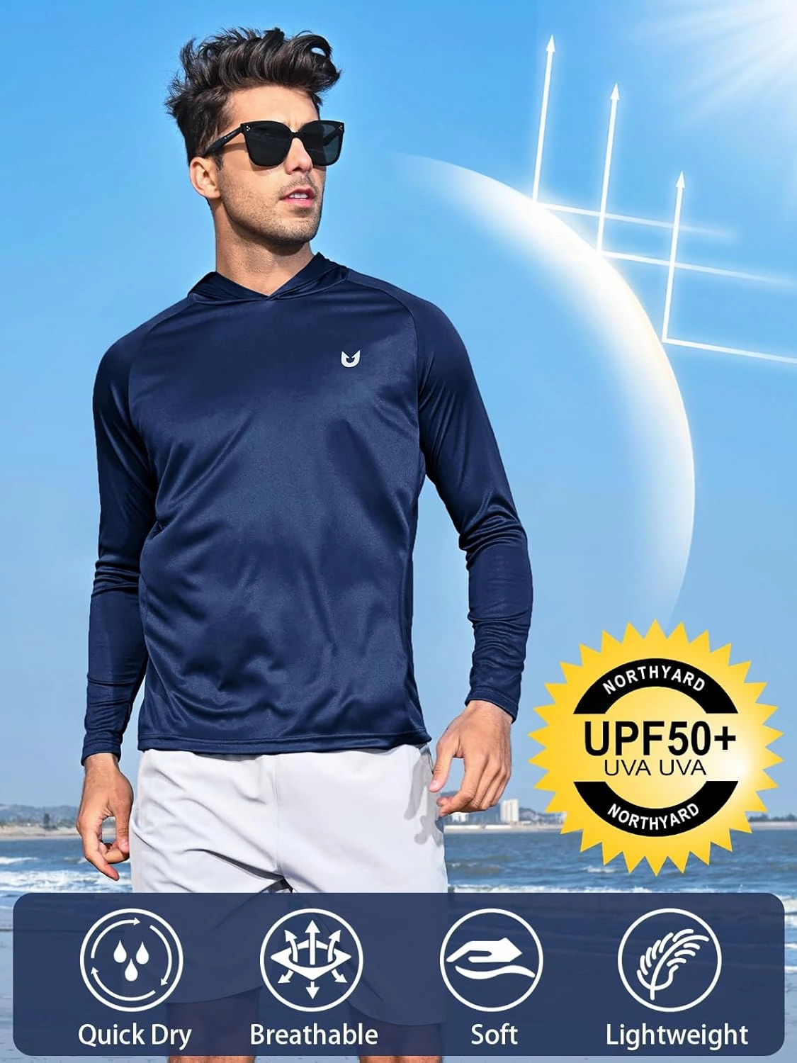 NORTHYARD Men's UPF 50  Hoodie Shirts Long Sleeve Sun Protection Fishing Swim Lightweight UV SPF Running Rash Guard Quick Dry