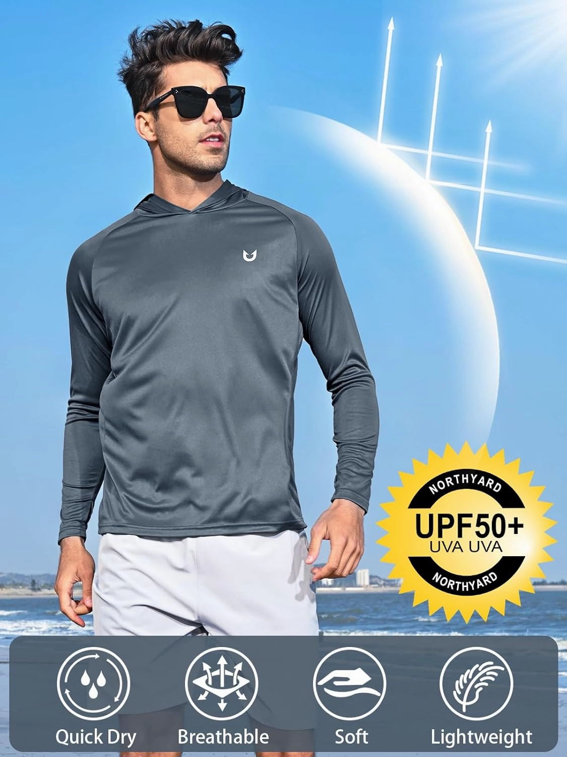 NORTHYARD Men's UPF 50  Hoodie Shirts Long Sleeve Sun Protection Fishing Swim Lightweight UV SPF Running Rash Guard Quick Dry