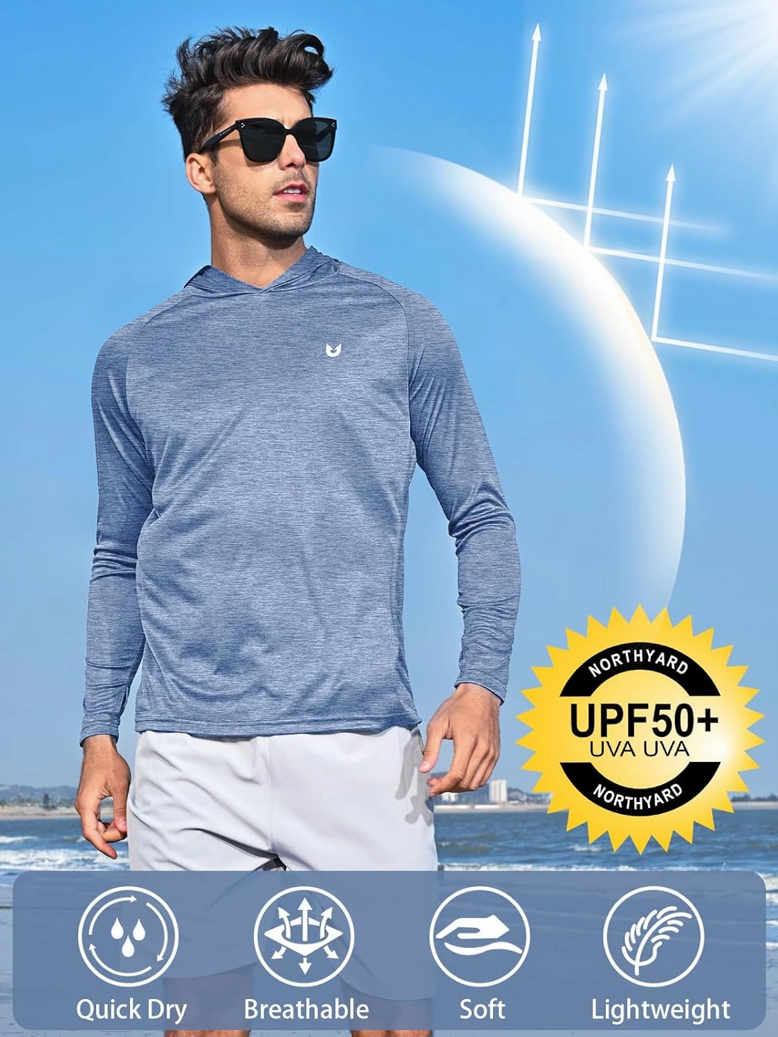NORTHYARD Men's UPF 50  Hoodie Shirts Long Sleeve Sun Protection Fishing Swim Lightweight UV SPF Running Rash Guard Quick Dry