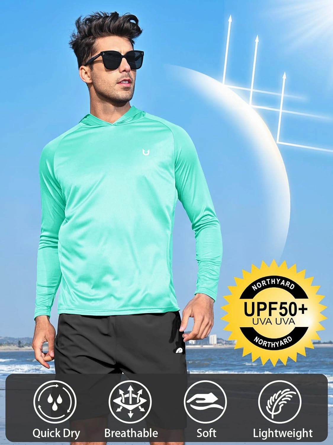 NORTHYARD Men's UPF 50  Hoodie Shirts Long Sleeve Sun Protection Fishing Swim Lightweight UV SPF Running Rash Guard Quick Dry