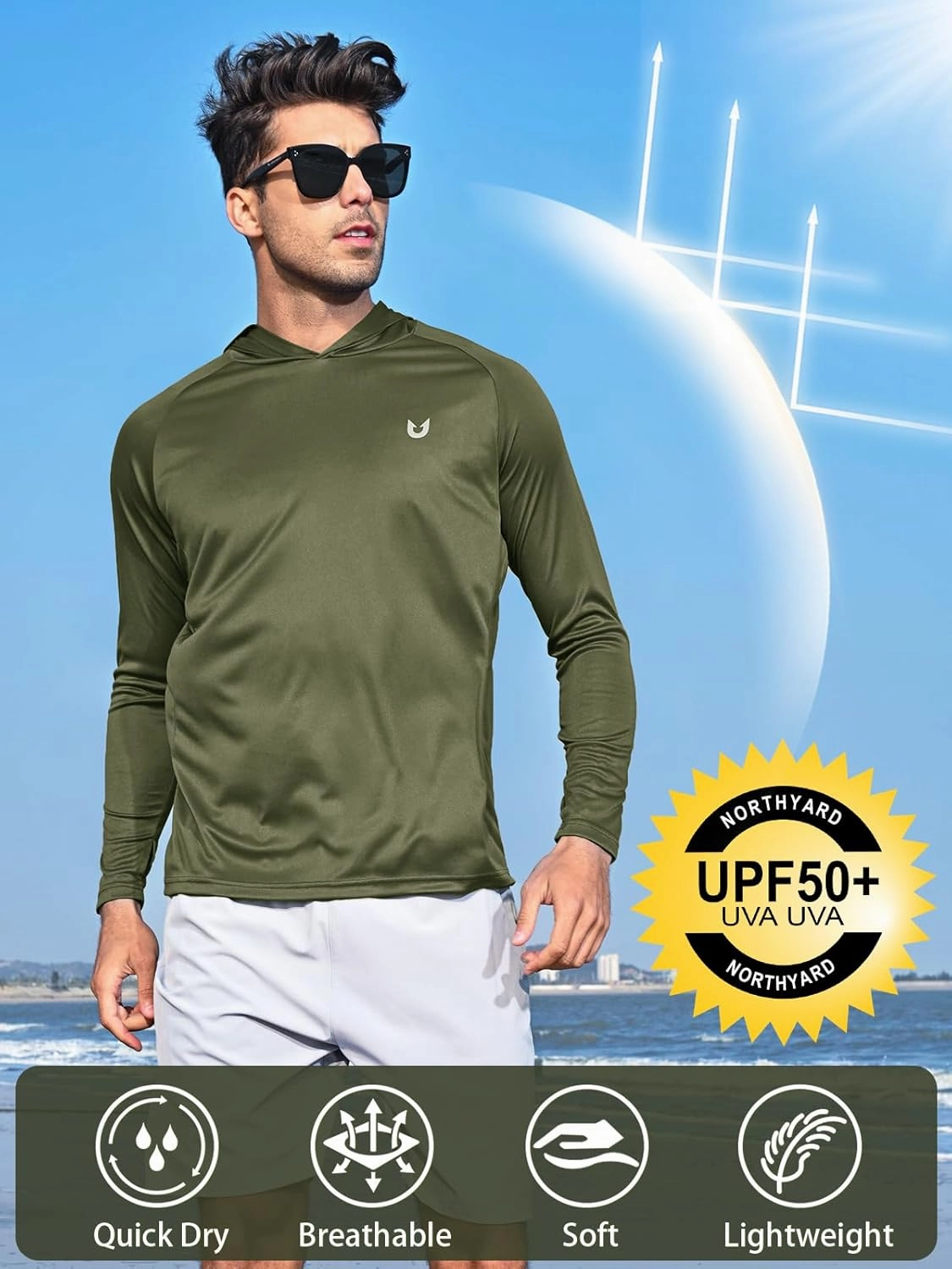 NORTHYARD Men's UPF 50  Hoodie Shirts Long Sleeve Sun Protection Fishing Swim Lightweight UV SPF Running Rash Guard Quick Dry