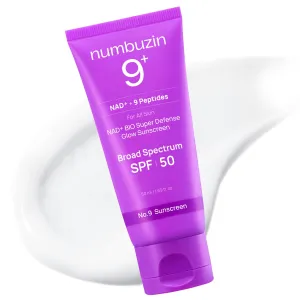 numbuzin No.9 Sunscreen | NAD  BIO Super Defense Glow Sunscreen | Broad Spectrum SPF 50 | Glowing, Moisturizing, Natural Finish | Korean Skincare, Glass Skin | Peptides, Collagen, NAD | 1.69 fl. oz.