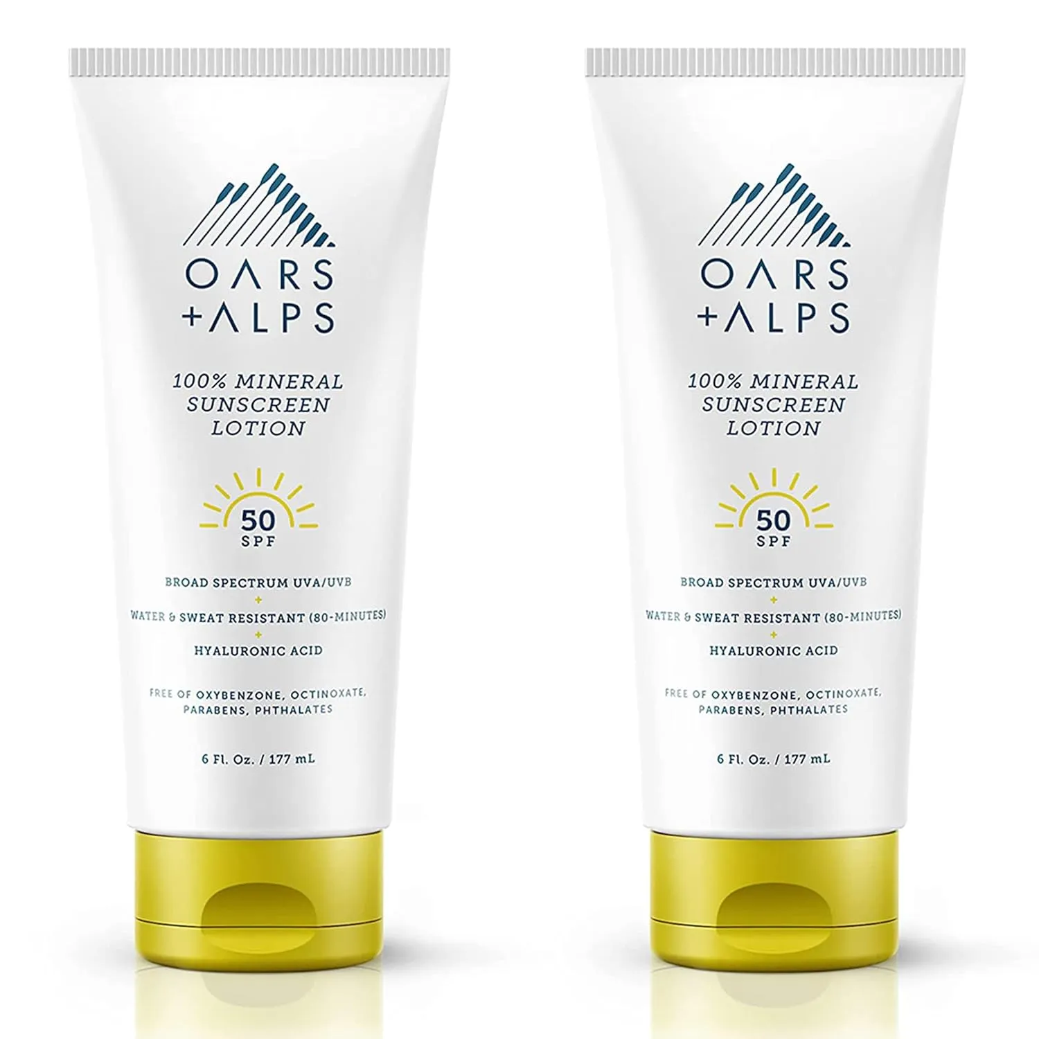Oars   Alps 100% Mineral Sunscreen for Face & Body, SPF 50 Facial Sunscreen Infused with Hyaluronic Acid, Shea Butter & Coconut Oil, All Skin Types, Water & Sweat Resistant, 6oz, 2pk