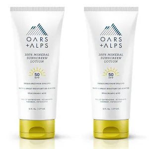 Oars   Alps 100% Mineral Sunscreen for Face & Body, SPF 50 Facial Sunscreen Infused with Hyaluronic Acid, Shea Butter & Coconut Oil, All Skin Types, Water & Sweat Resistant, 6oz, 2pk