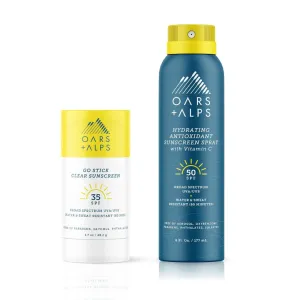 Oars   Alps Go Stick Clear SPF 35 Face Sunscreen   Hydrating SPF 50 Sunscreen Spray Set, Skin Care Infused with Vitamin E and Antioxidants, Water and Sweat Resistant, TSA Friendly, 2 Piece Bundle
