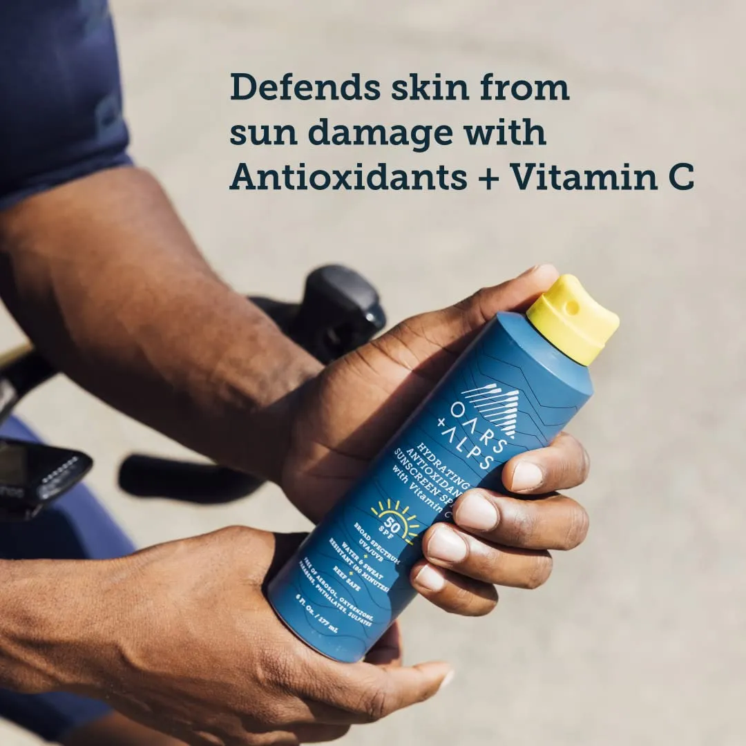 Oars   Alps Sunscreen Spray for Face & Body, SPF 50 Spray Sunscreen Infused with Vitamin C & Antioxidants, No White Residue, Water & Sweat Resistant, All Skin Types, Lightweight, Hydrating, 6oz, 1pk
