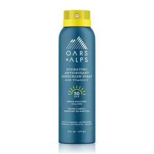 Oars   Alps Sunscreen Spray for Face & Body, SPF 50 Spray Sunscreen Infused with Vitamin C & Antioxidants, No White Residue, Water & Sweat Resistant, All Skin Types, Lightweight, Hydrating, 6oz, 1pk