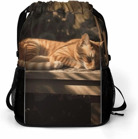Orange Cat Sleeping Drawstring Backpack Lightweight Gym Bag for Men Women Sports Backpack String Bags for Hiking