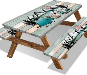 Picnic Table Cover with Bench Covers 6FT Outdoor Camping Essentials Waterproof Sunflower Tablecloth Wood Texture Picnic Fitted Tablecloth with Elastic(3pcs-72")