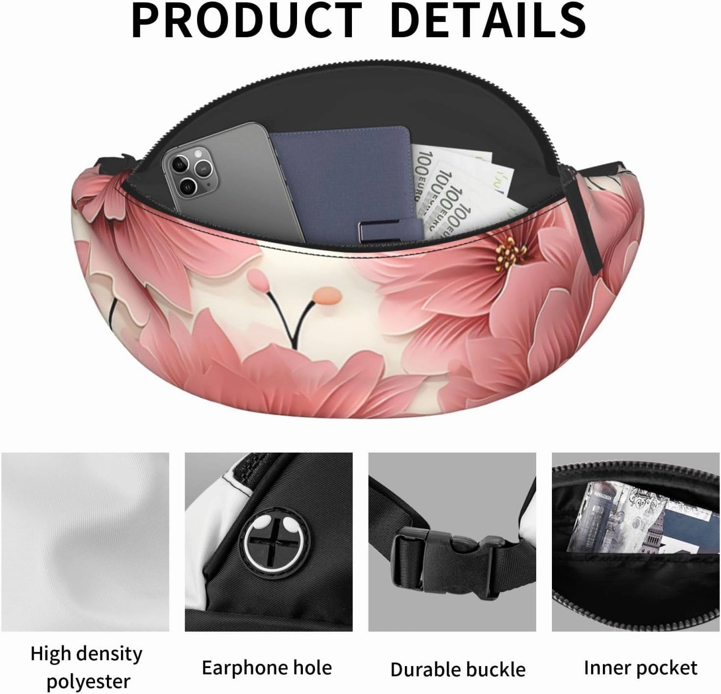 Pink flower pattern Fanny Pack for Man Women Waist Bag Adjustable Belt Casual Chest Bag Bum Bags for Travel Sports Running Hiking Waist Packs